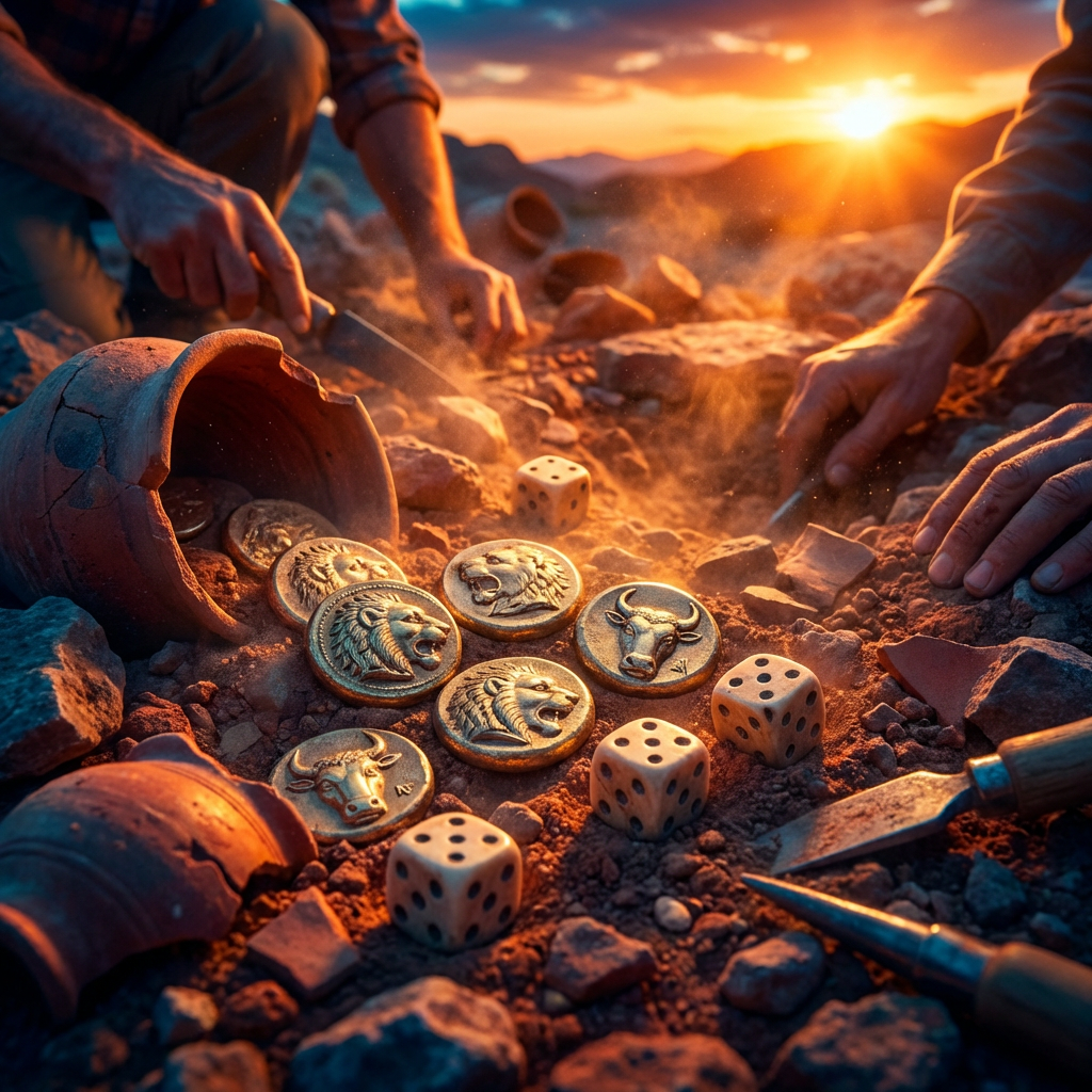 Archaeologists uncovering ancient golden coins and stone dice in a dusty desert excavation.