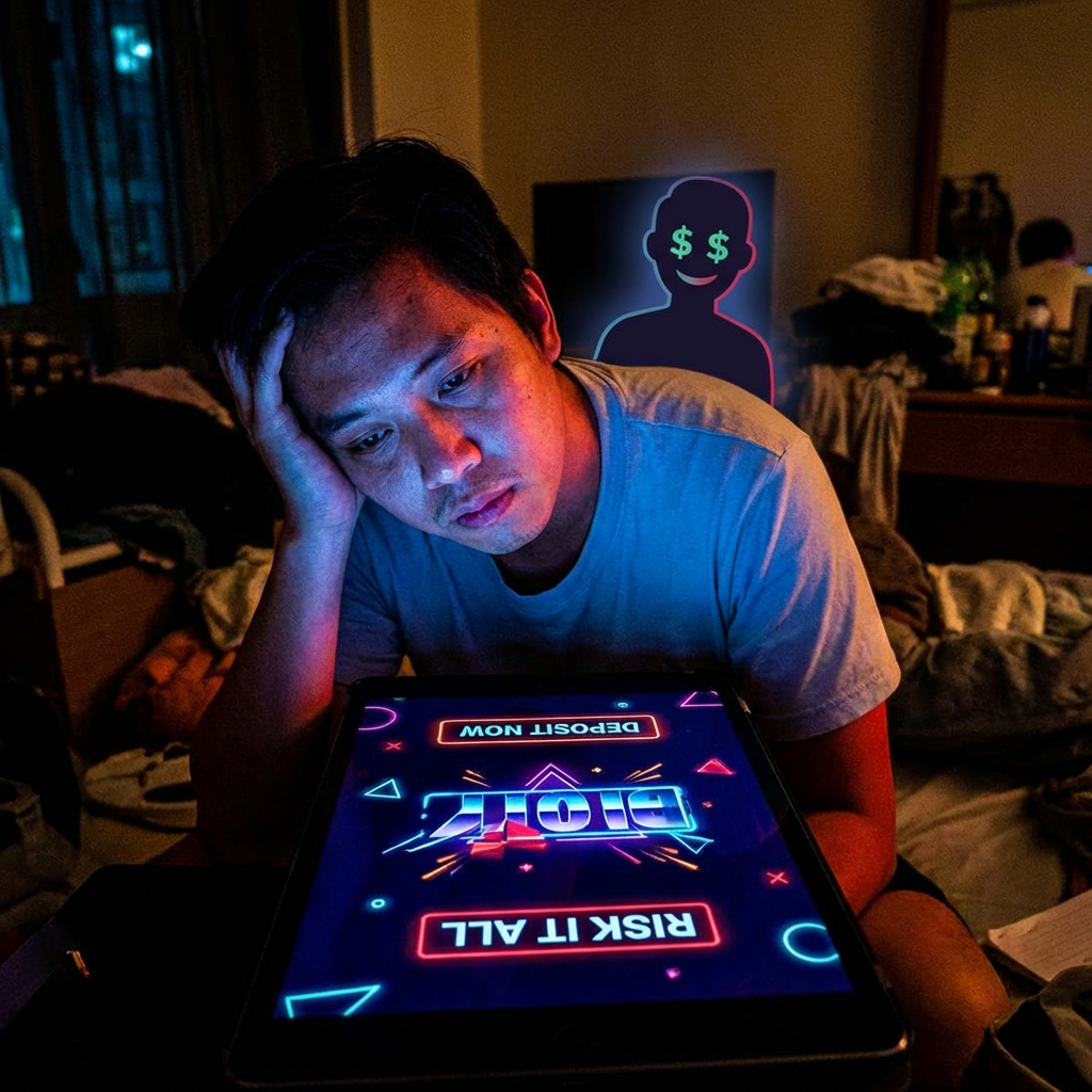 Stressed man looking at gambling app text 'RISK IT ALL' with a sinister shadow looming.
