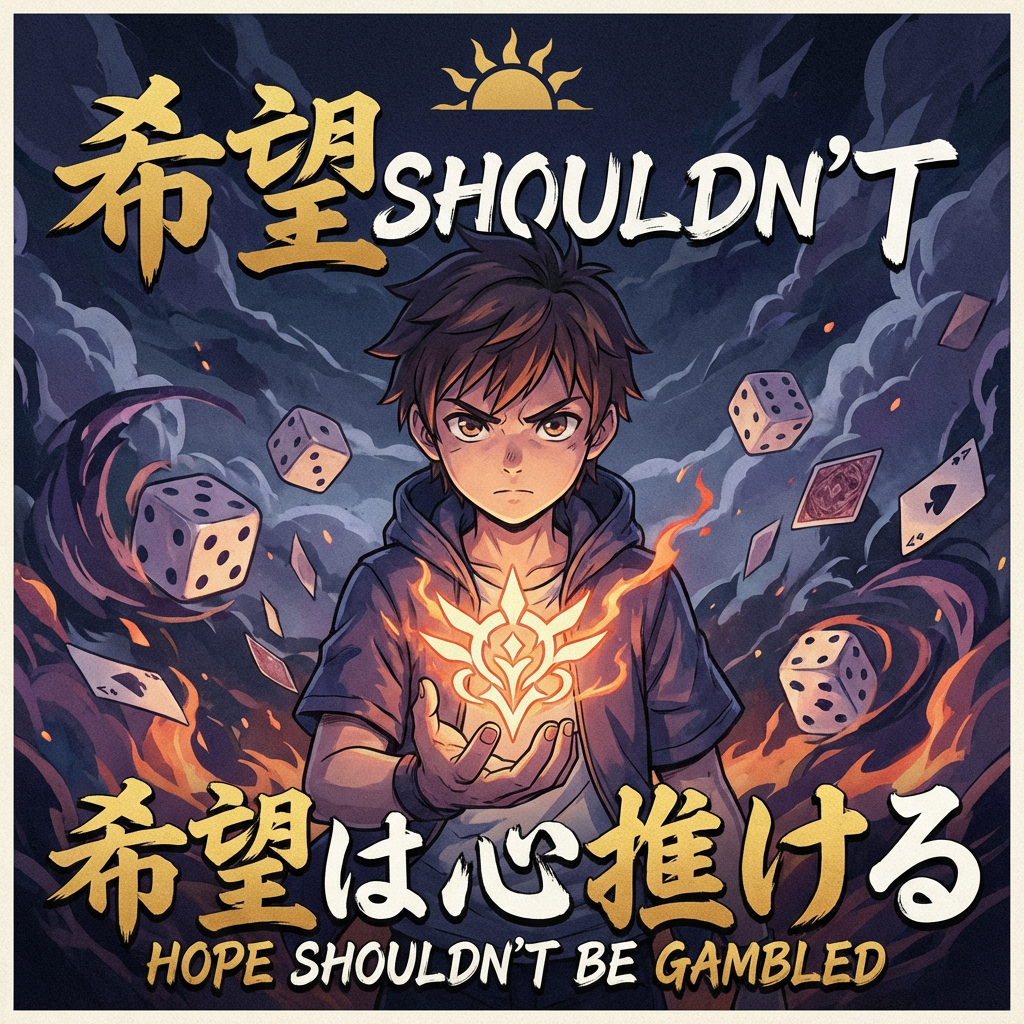 Anime boy with fiery crest. Text: 希望 SHOULDN’T, 希望は心推ける, HOPE SHOULDN’T BE GAMBLED.