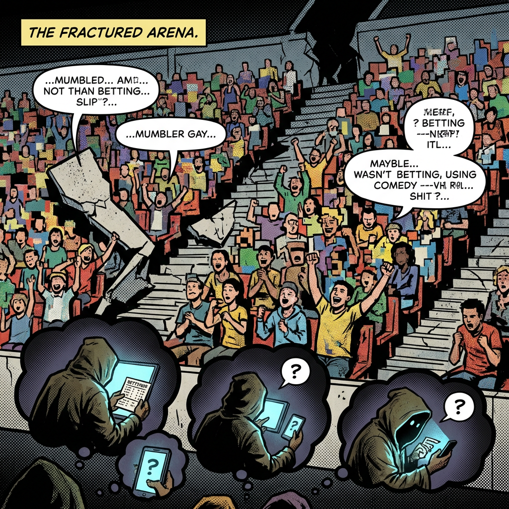Comic panel 'THE FRACTURED ARENA' with crowd speech: '...MUMBLED... AM... NOT THAN BETTING... SLIP?', '...MUMBLER GAY...', 'MEH, ? BETTING ---N!K?P! ITL...', 'MAYBE... WASN'T BETTING, USING COMEDY ---VH! RBL... SHIT ?...'. Below, hooded figures use glowing devices.
