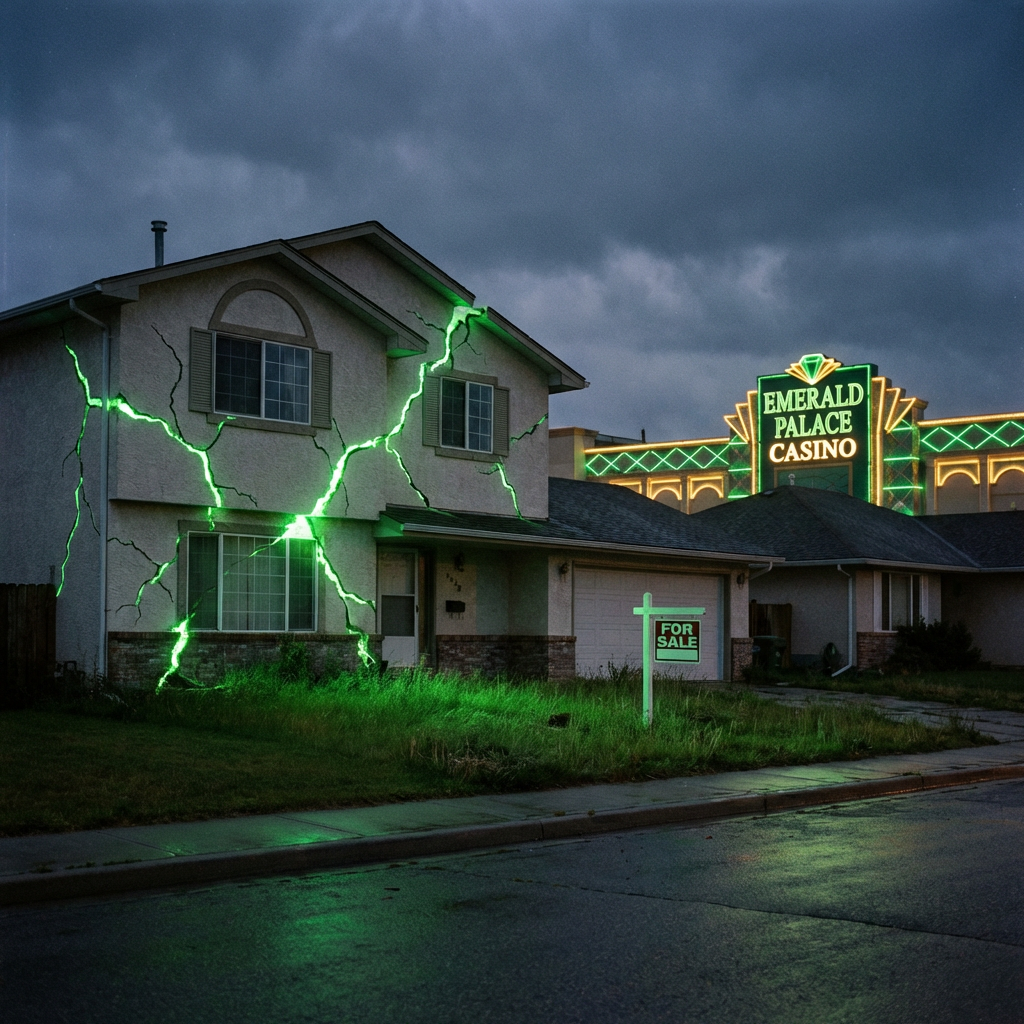 Suburban house with glowing green cracks next to Emerald Palace Casino and a for sale sign.