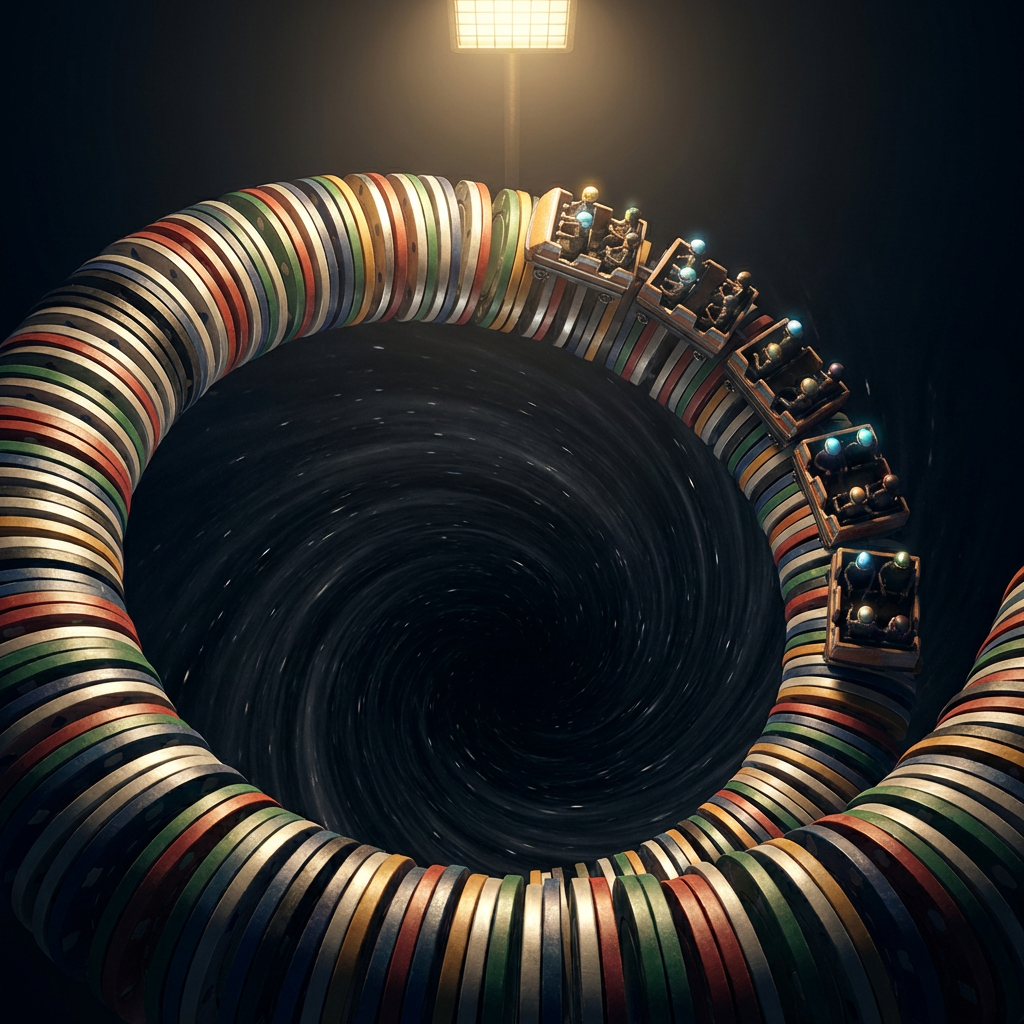 Miniature roller coaster descending a spiral of colorful discs into a dark vortex.