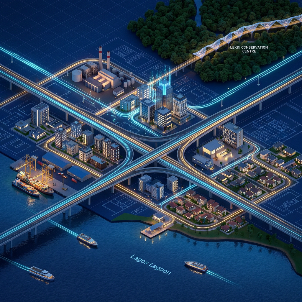3D isometric rendering of a futuristic Lagos city with glowing highways and industrial zones.