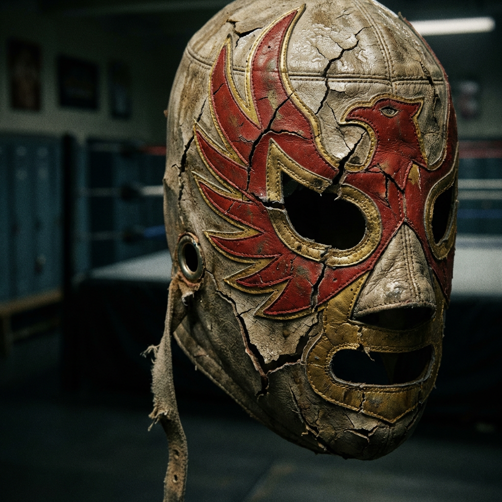 Close-up of a damaged Mexican wrestling mask in a dimly lit gym setting.