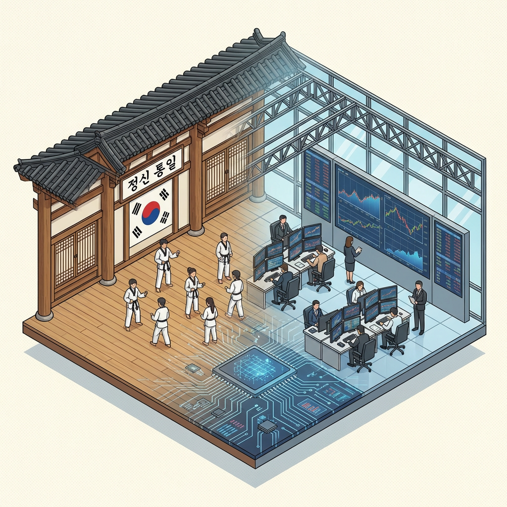 Isometric building blending a Korean taekwondo studio with '정신통일' text and a high-tech trading floor.
