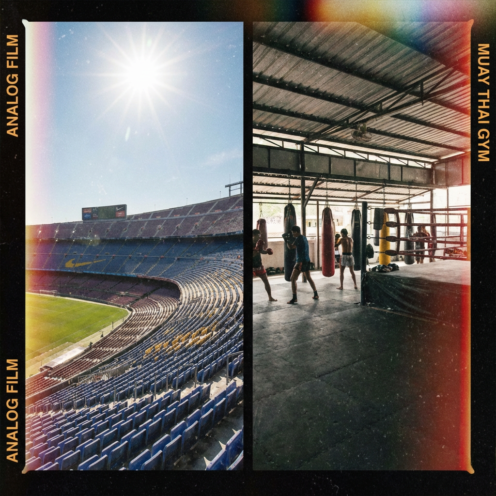 Stadium and Muay Thai gym split-screen with text ANALOG FILM and MUAY THAI GYM.