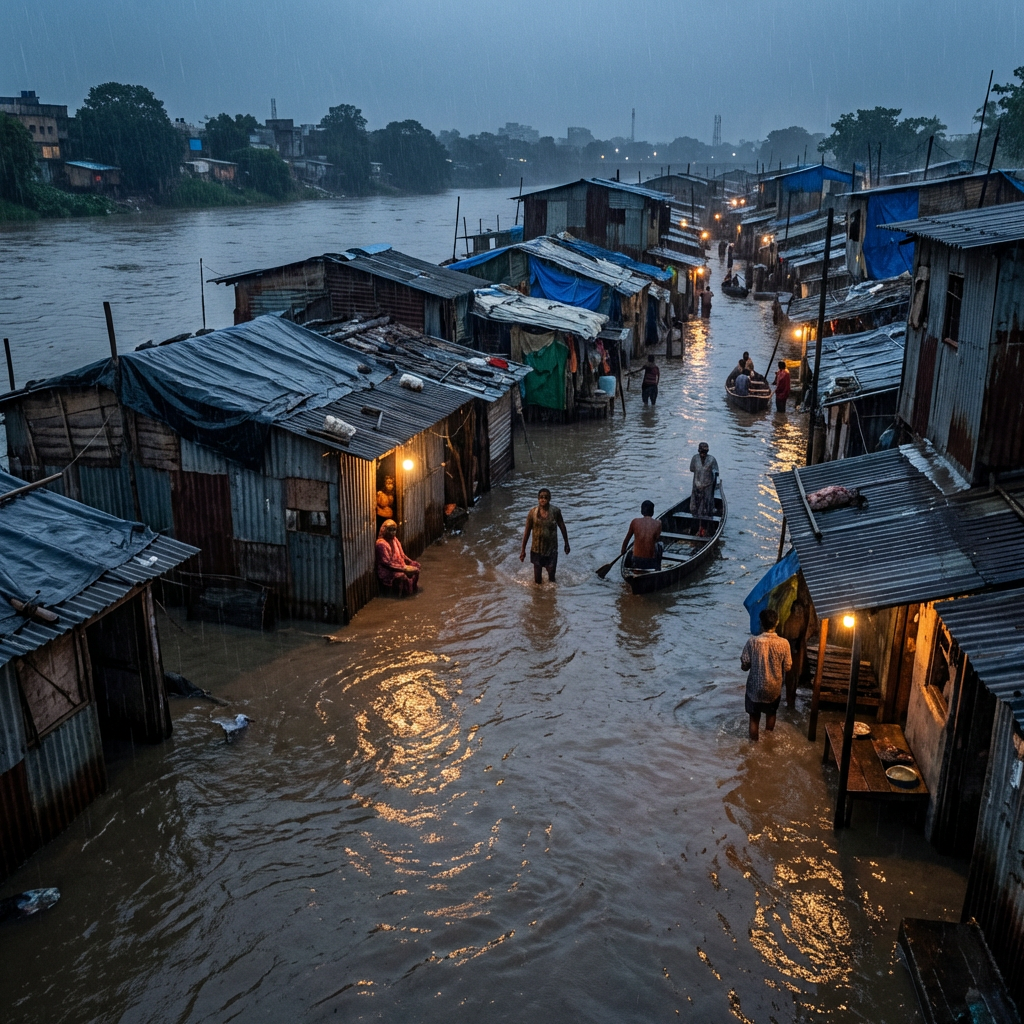 People navigate through a flooded street of shacks during a rainstorm.