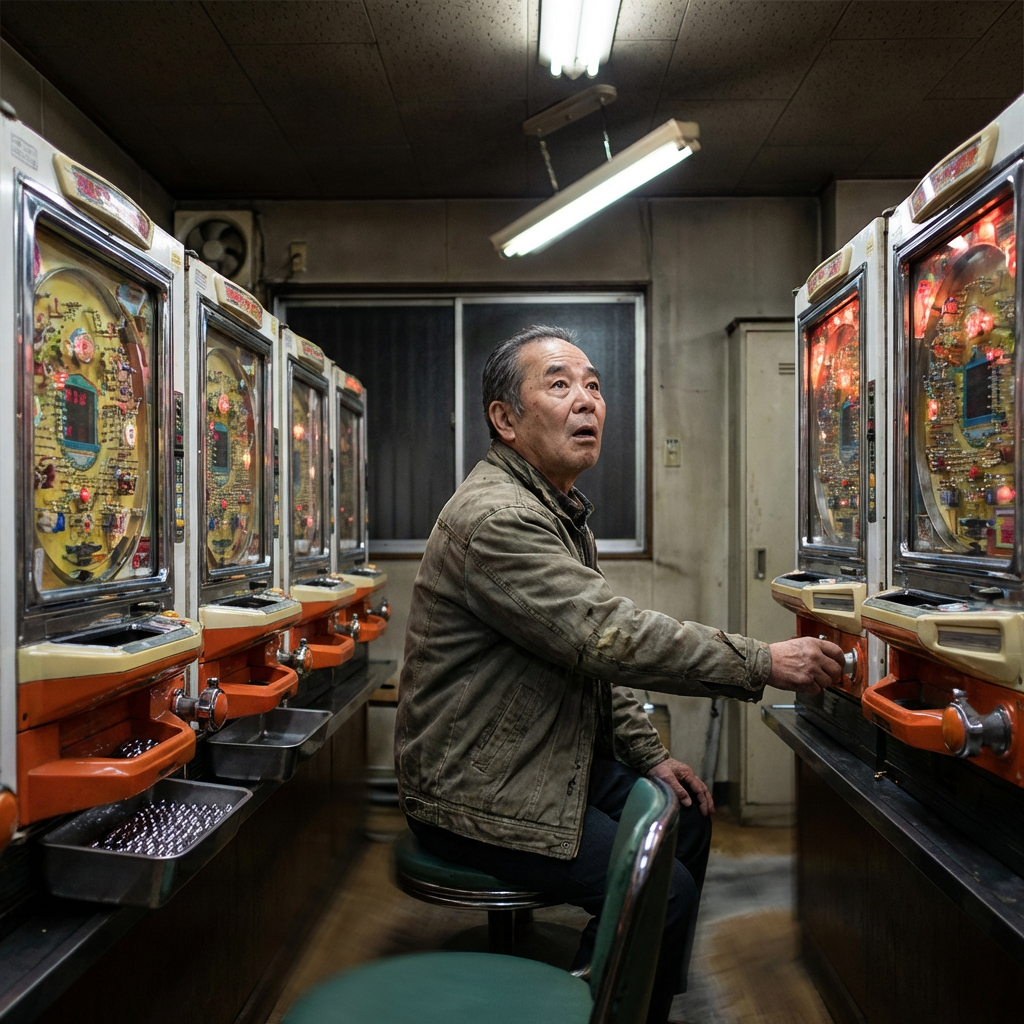 An older man playing a vintage pachinko machine in a small gaming parlor.