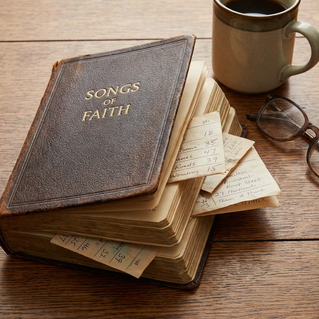Antique leather-bound book titled SONGS OF FAITH with handwritten notes tucked between its worn pages.
