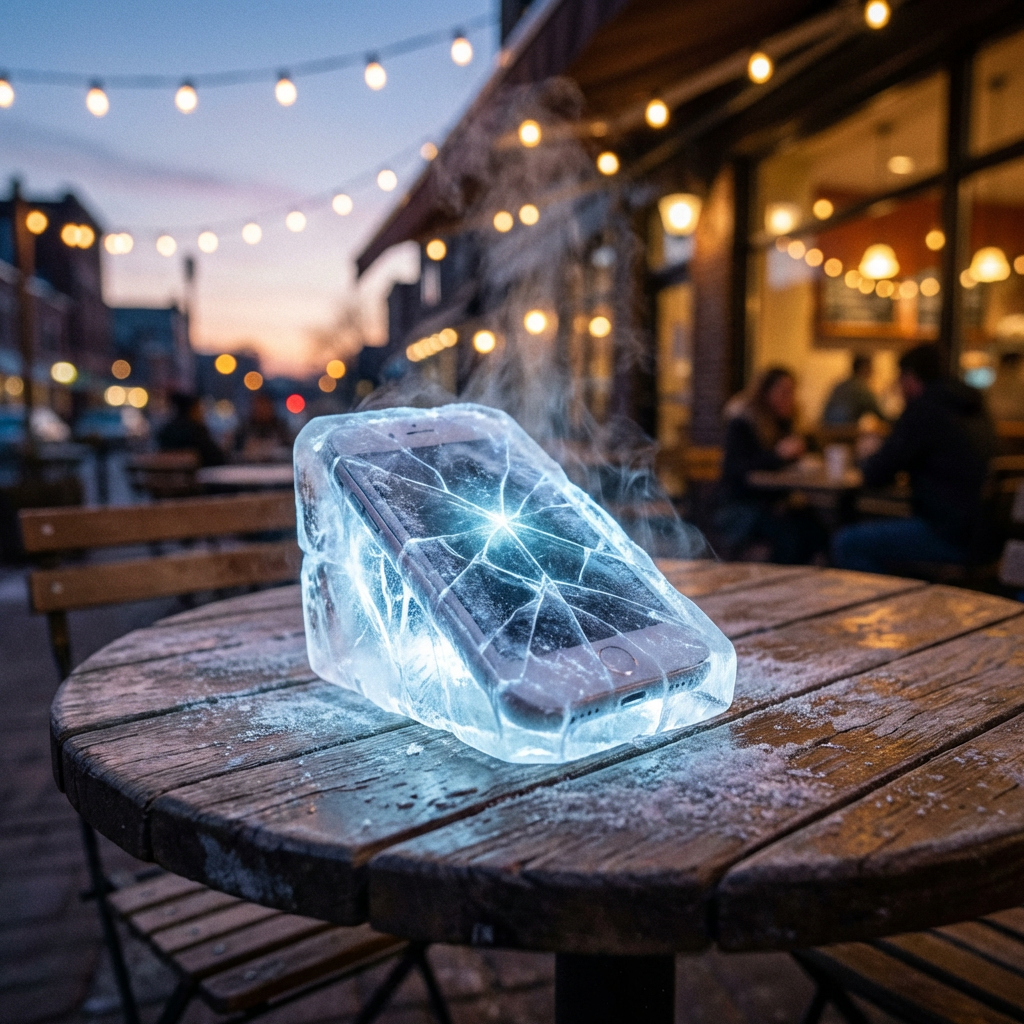 A glowing smartphone encased in a block of ice on a wooden outdoor table.