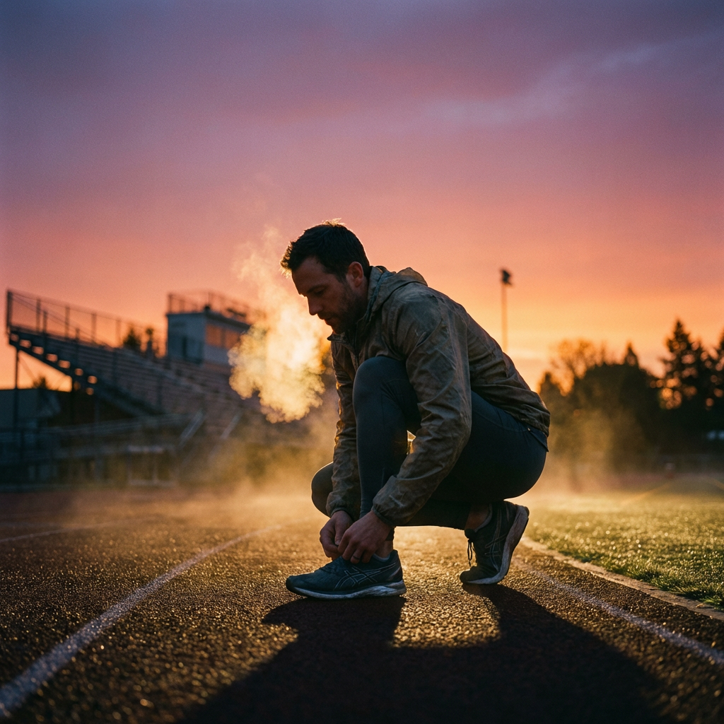 A man kneeling on a running track tying his shoes at sunrise.