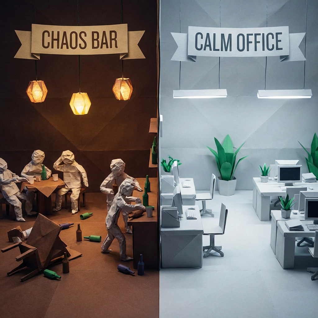 Papercraft diorama split between a messy CHAOS BAR and an orderly CALM OFFICE.