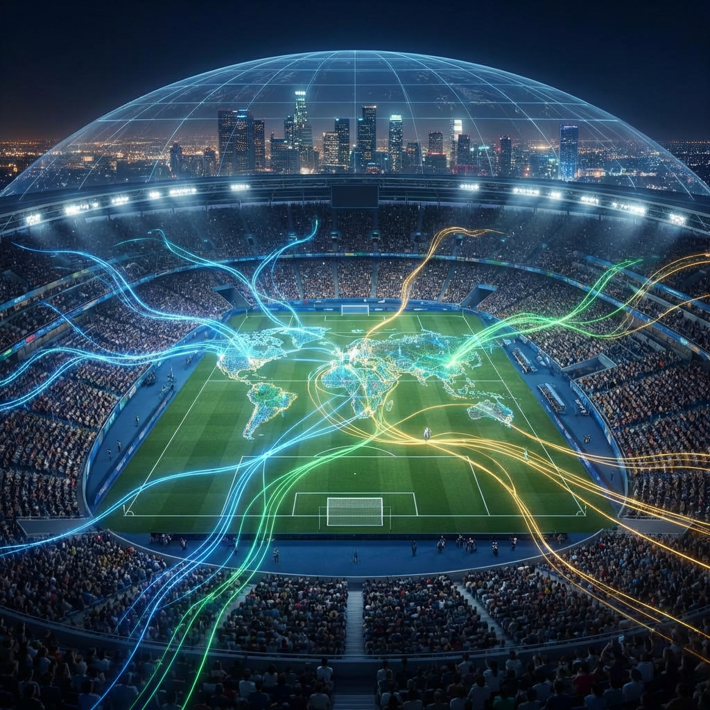 Futuristic stadium featuring a digital world map on the pitch with glowing data streams connecting fans.
