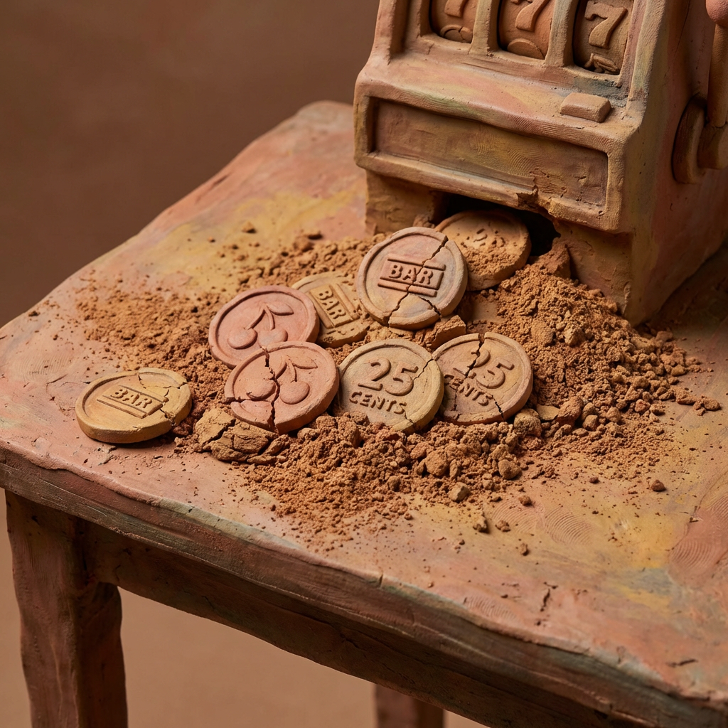Clay sculpture of a slot machine pouring out cracked coins with cherries and bar designs.