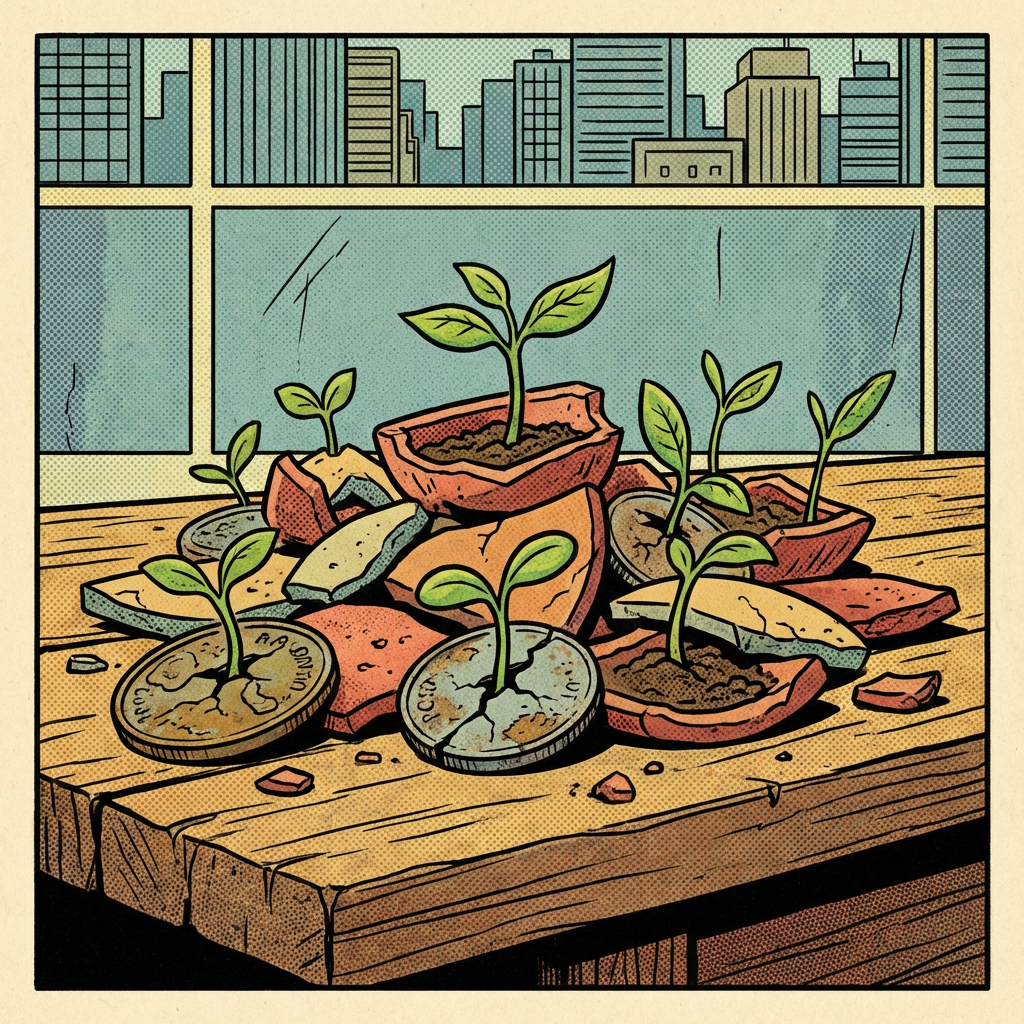 Small green plants growing from broken pottery and coins on a wooden table.