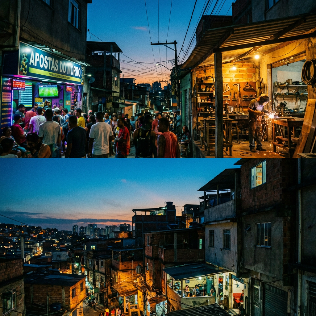 Composite image of a crowded street outside 'APOSTAS DO MORRO' and a hillside favela at dusk.