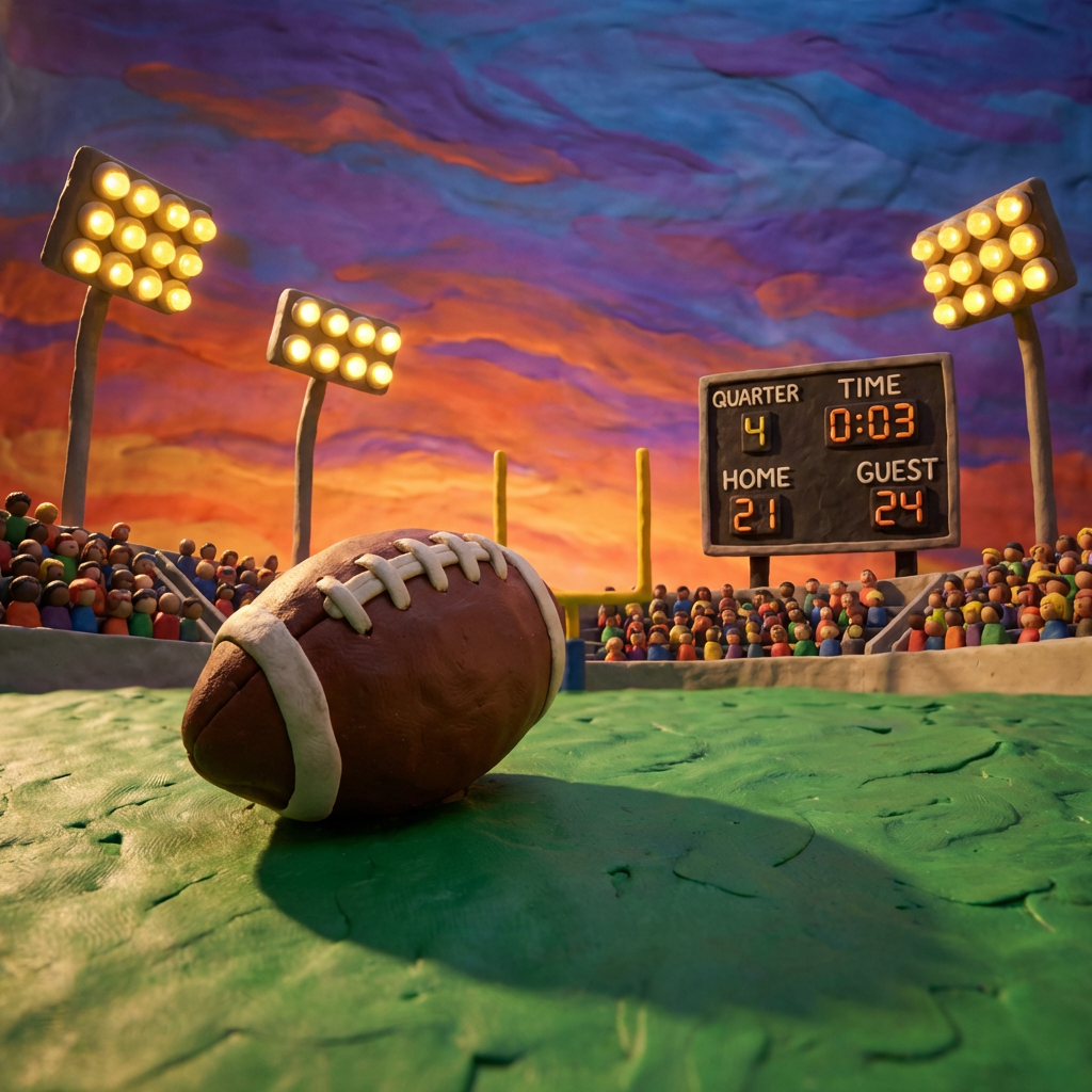 Claymation football scene with a scoreboard showing three seconds left in the game.