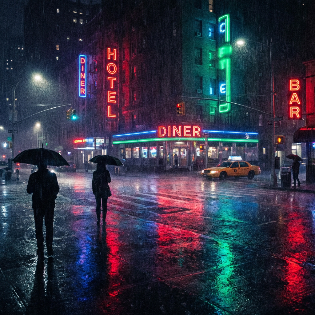 Neon signs for a diner, hotel, and cafe reflect on wet streets at night.
