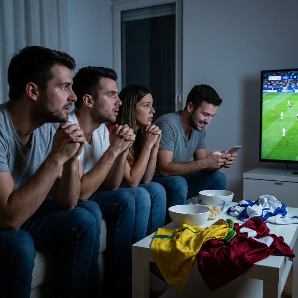 Four friends sitting on a couch, intently watching a soccer match on television.