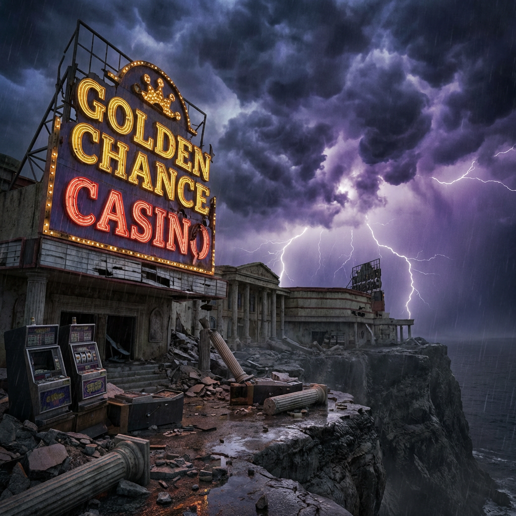 Neon sign reading GOLDEN CHANCE CASINO on a ruined building during a lightning storm.