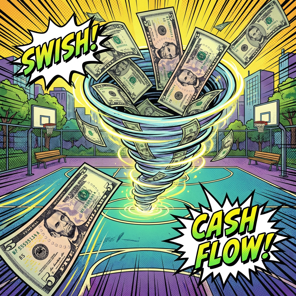 Comic illustration of a money tornado on a basketball court with text SWISH! and CASH FLOW!.