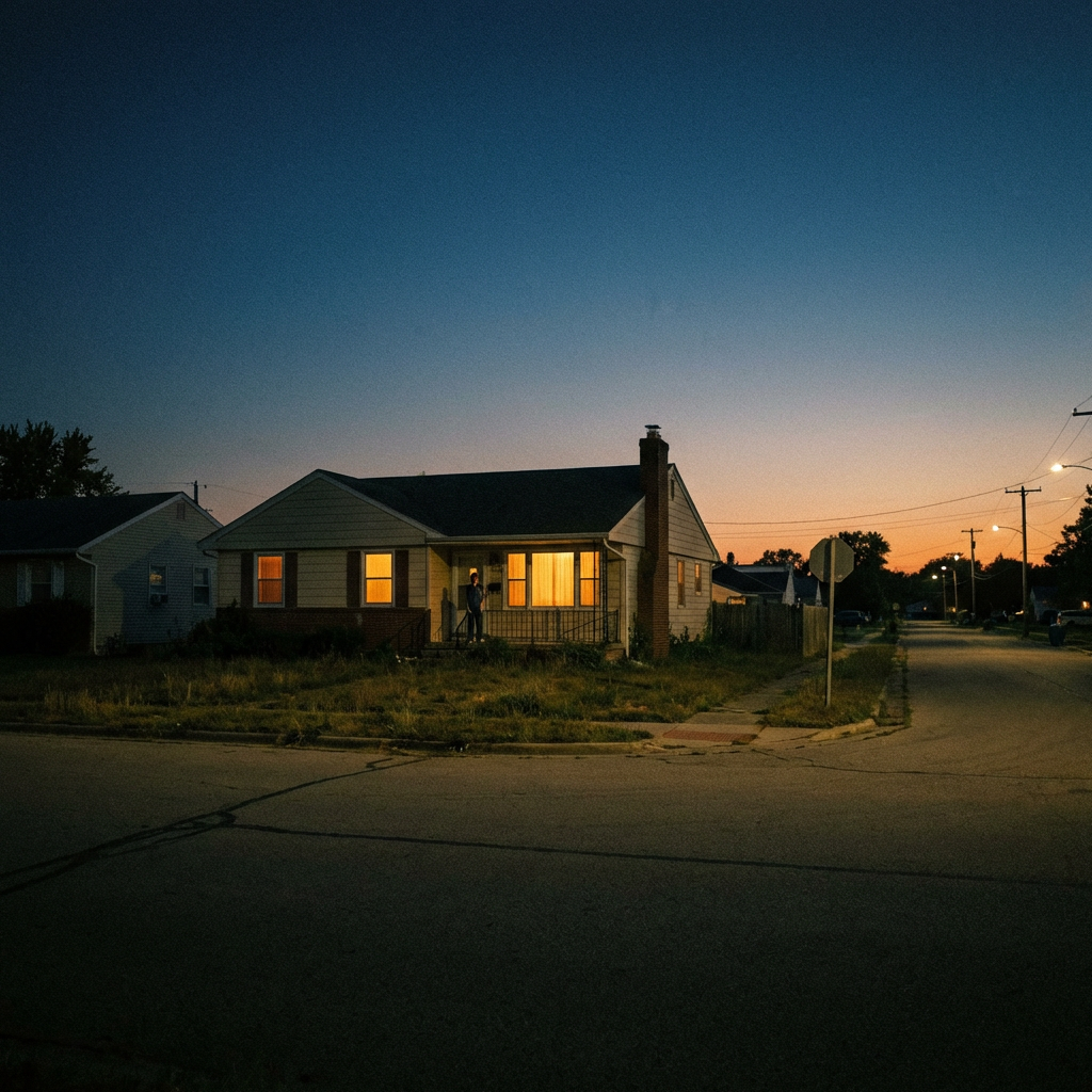 A single-story house with glowing windows at dusk on a quiet street corner.