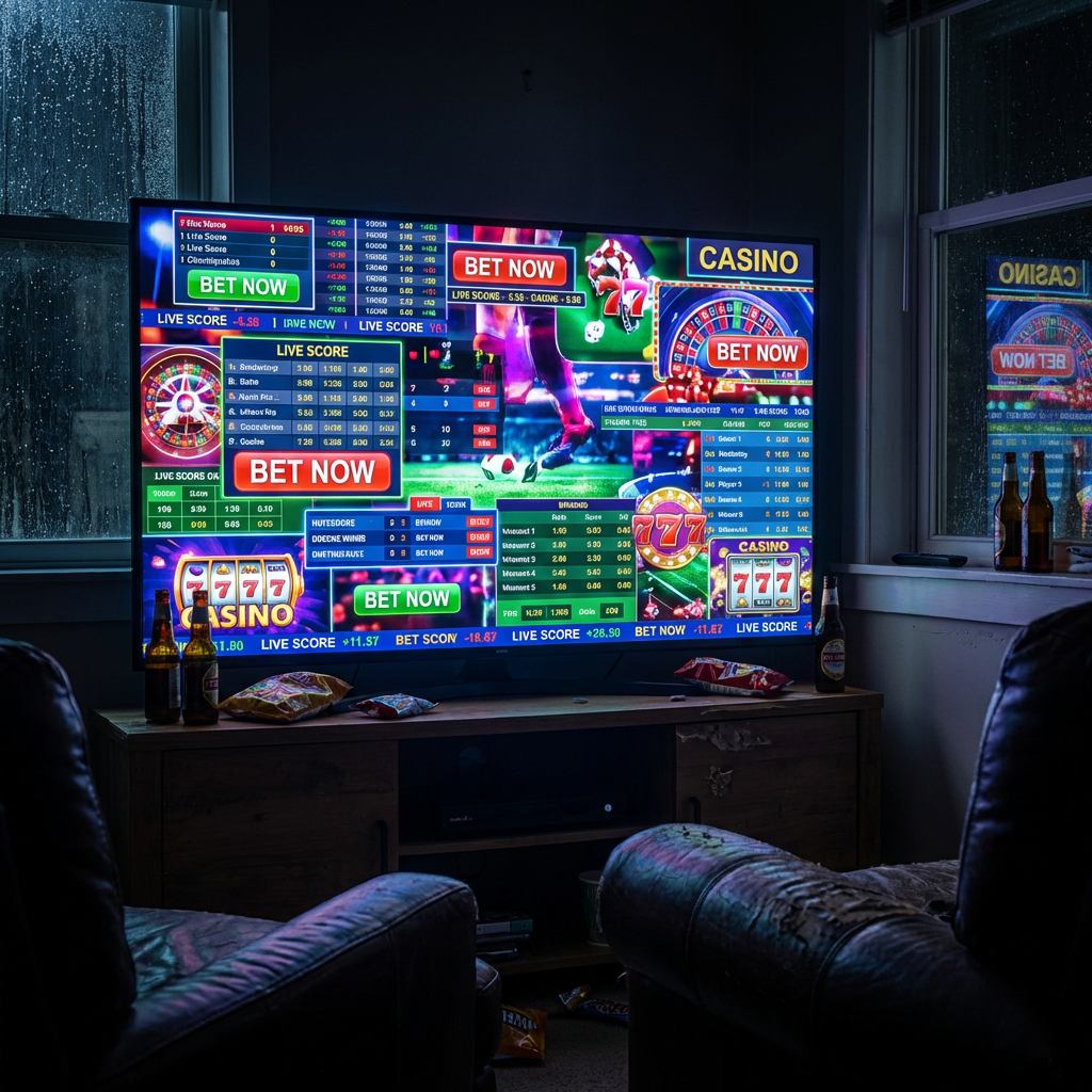 A television displaying a vibrant online sports betting and casino interface in a dark room.