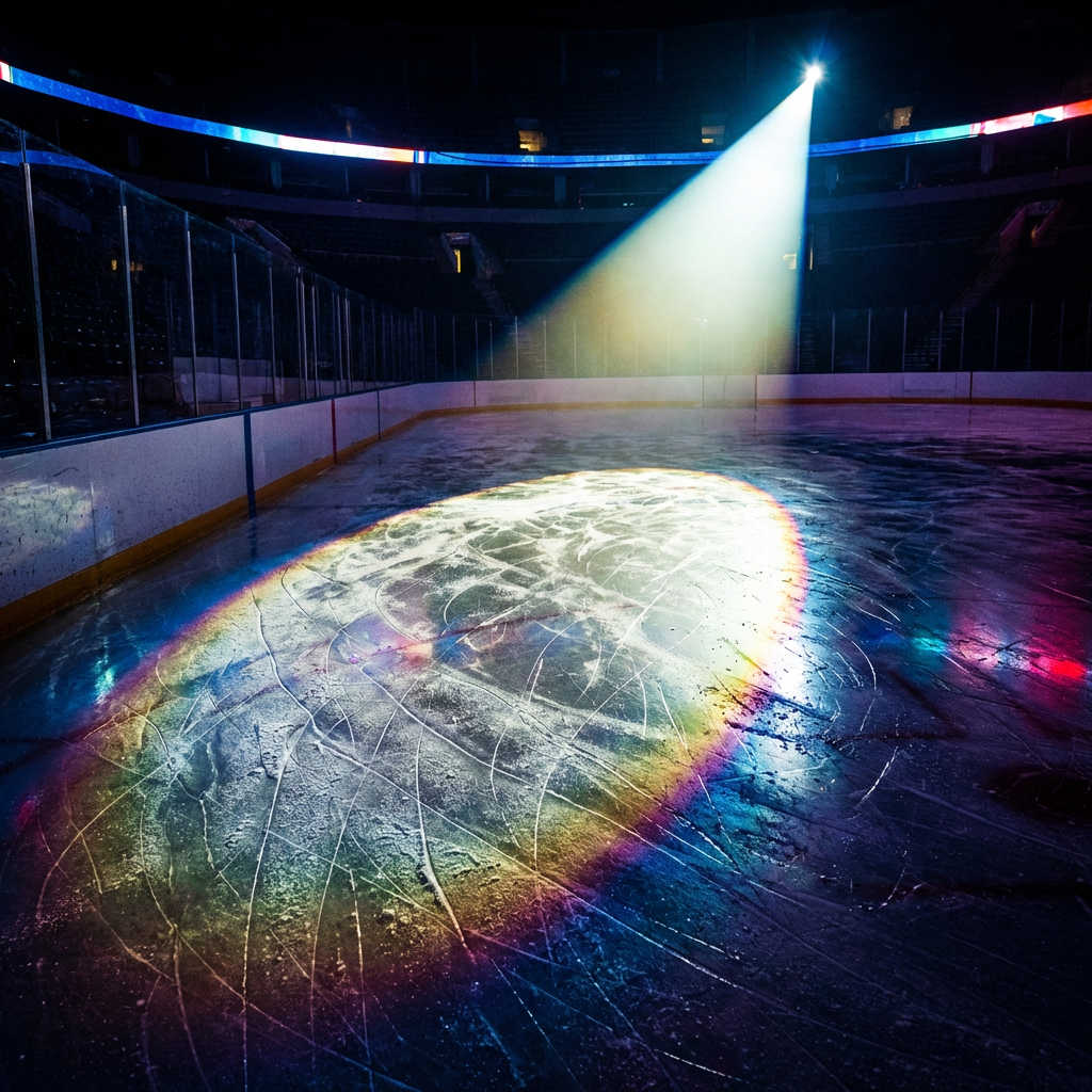 A spotlight shines on a scratched ice rink surface in a dark indoor arena.