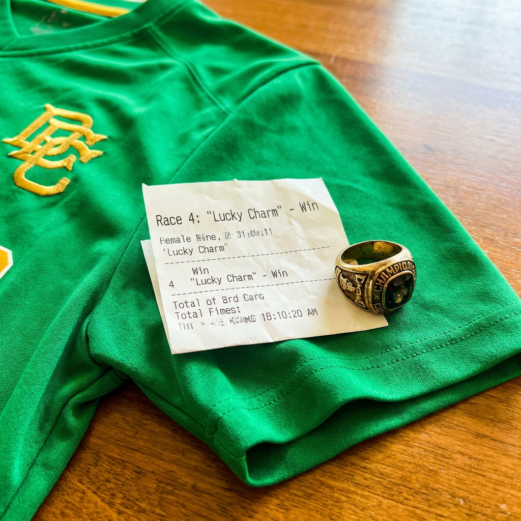 Winning betting slip for 'Lucky Charm' and a 'CHAMPION' ring on a 'BC' jersey.