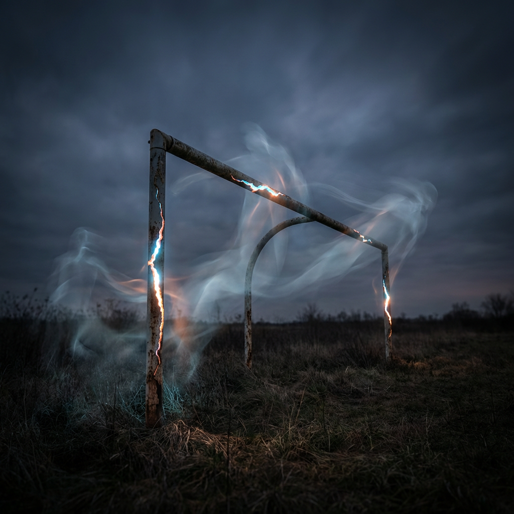 Abandoned soccer goal at dusk with ethereal light trails and glowing, electrified cracks.