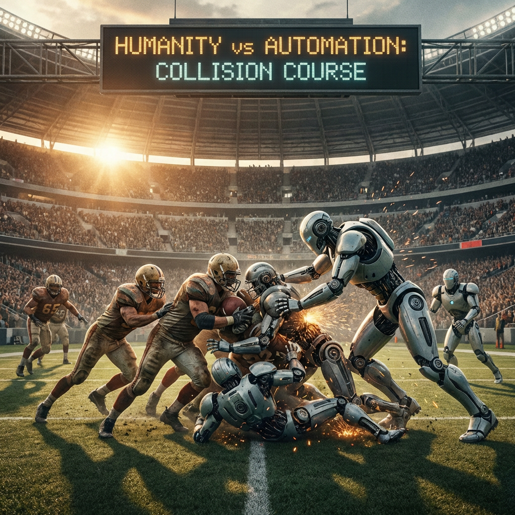 Humans and robots play football under a scoreboard reading HUMANITY vs AUTOMATION: COLLISION COURSE.