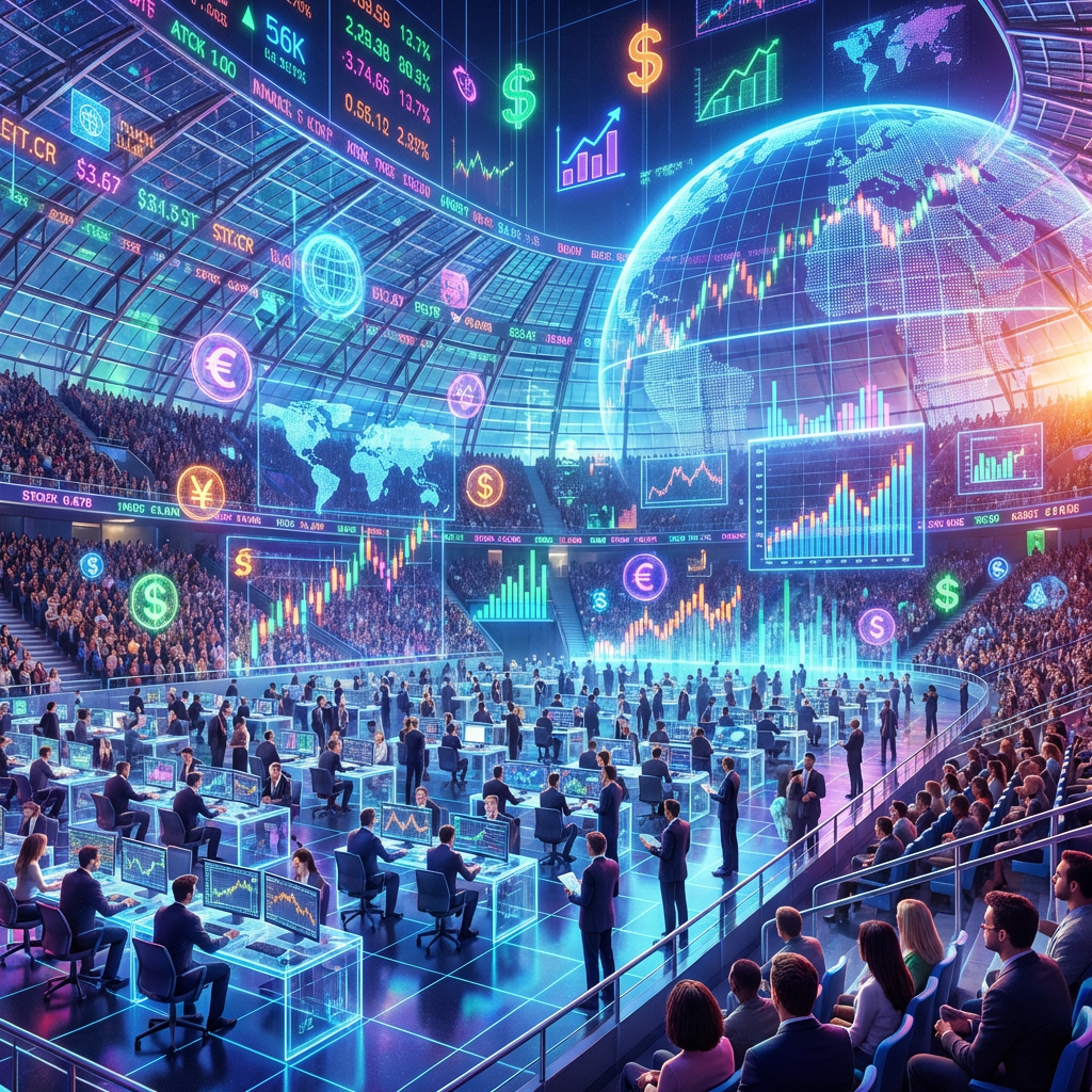 A futuristic trading floor in a stadium featuring holographic globes, currency symbols, and data charts.