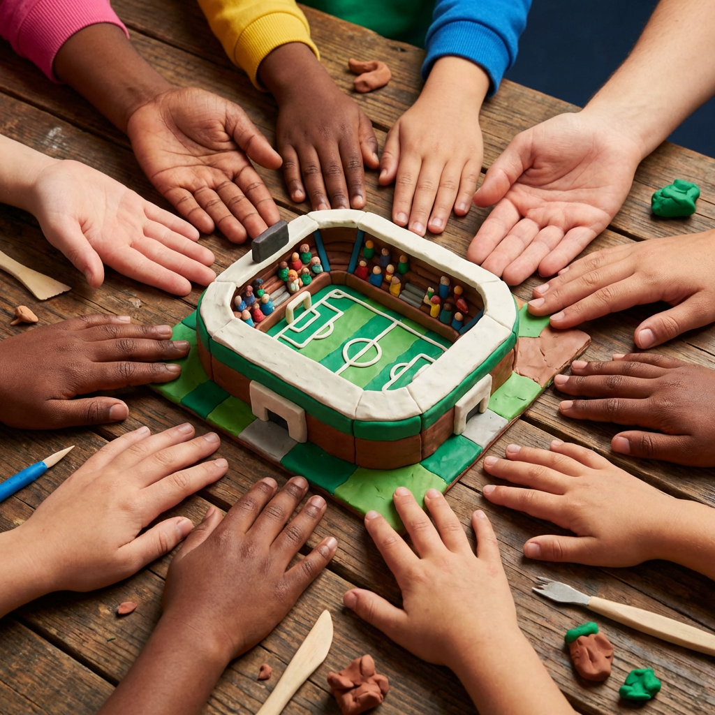 Diverse children collaborating on a miniature clay soccer stadium.