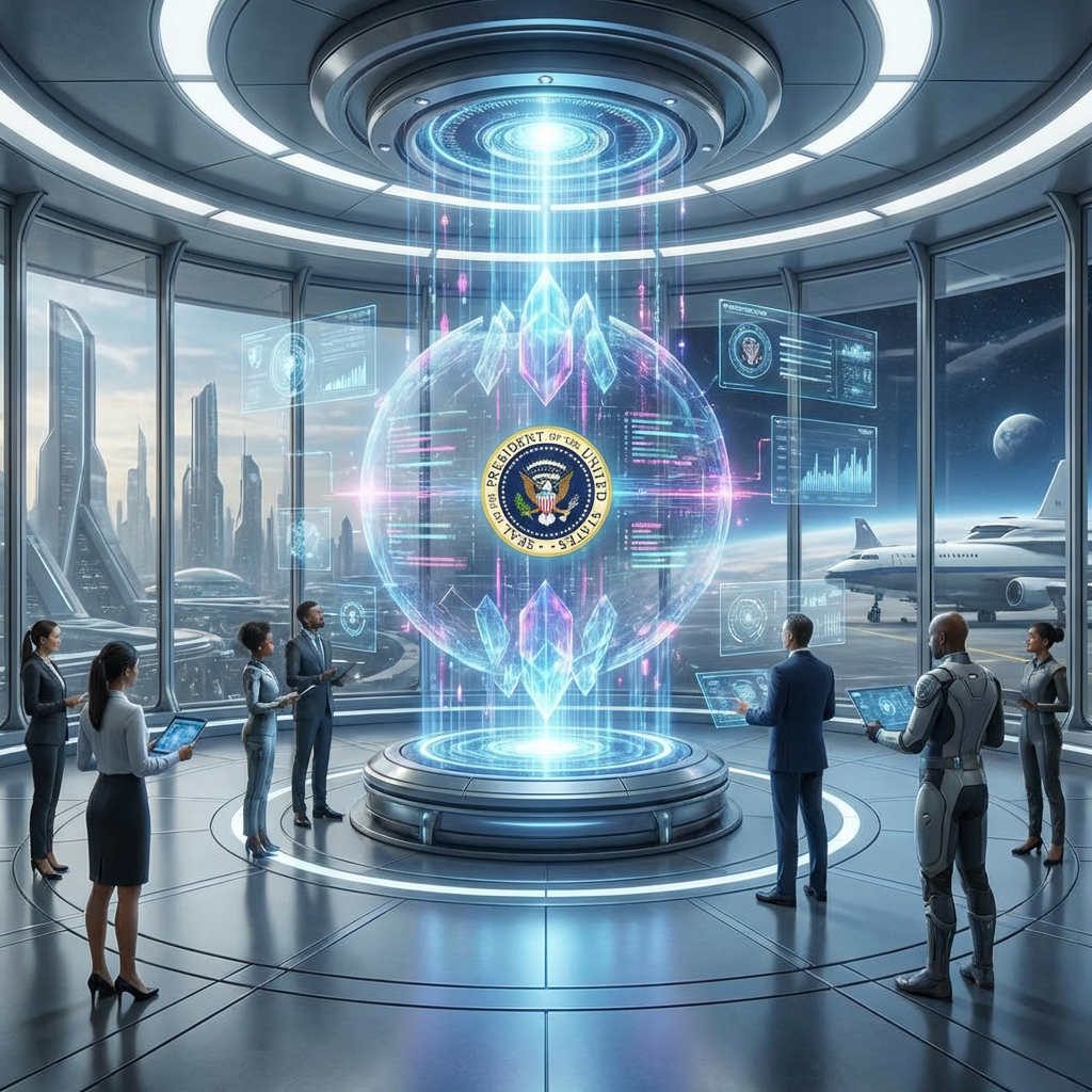Staff monitor a holographic Presidential Seal in a futuristic high-tech command center.
