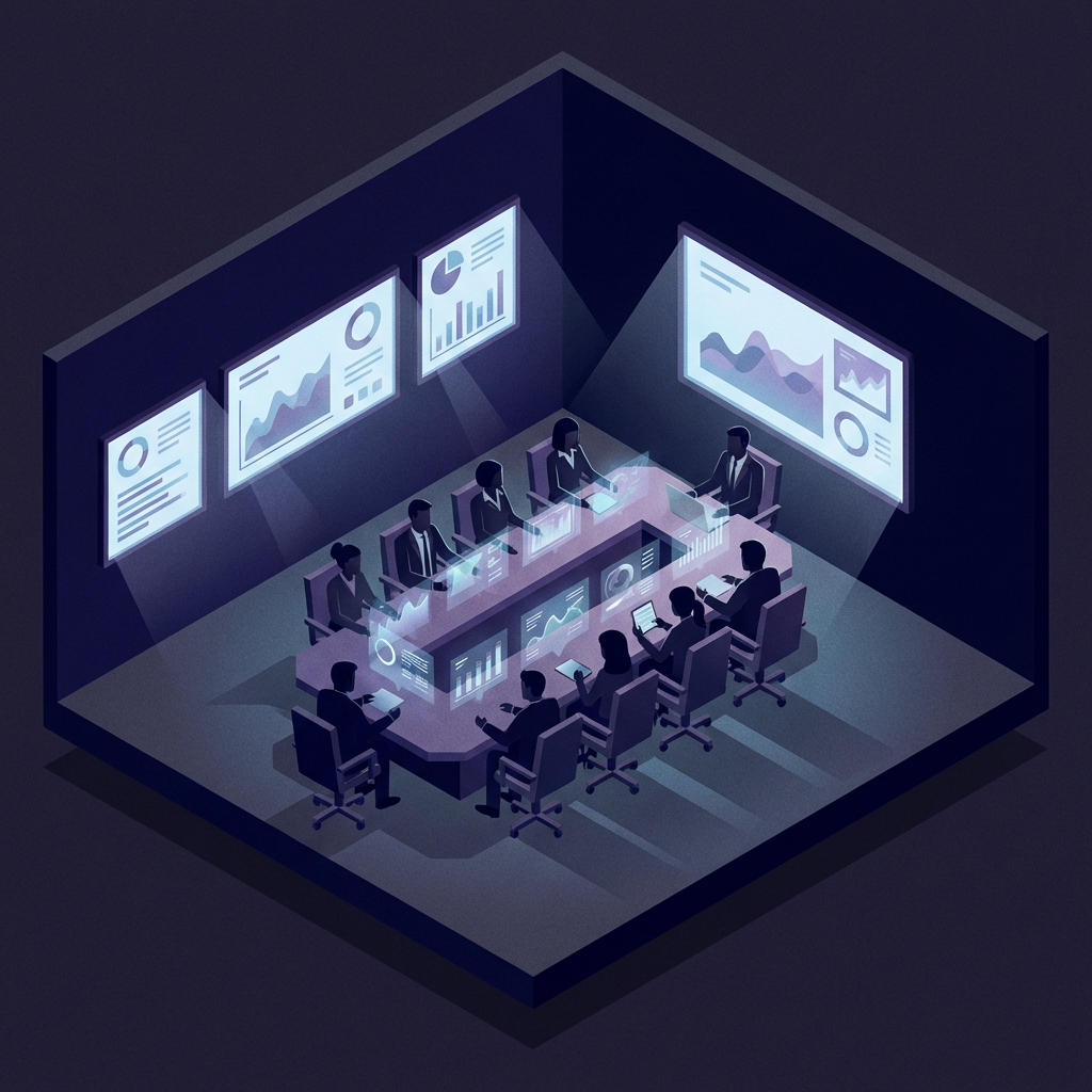 Isometric illustration of professionals analyzing data on holographic screens in a dark, high-tech boardroom.