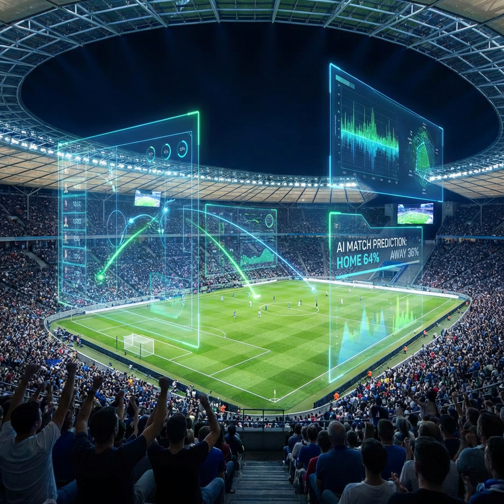 Crowded soccer stadium with holographic AI match predictions showing HOME 64% AWAY 36% and game analytics.