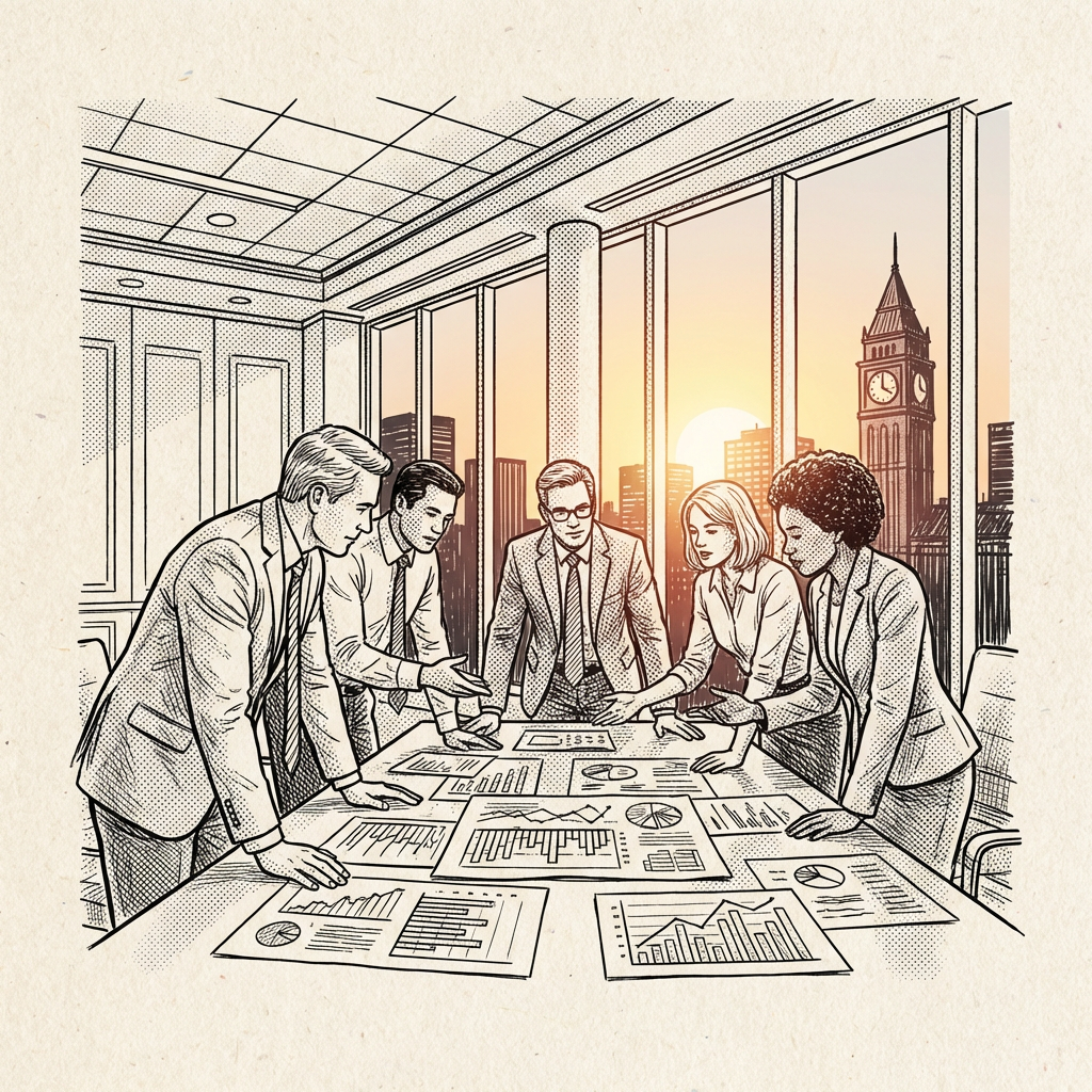 Professional team discussing data charts in a London office at sunset.