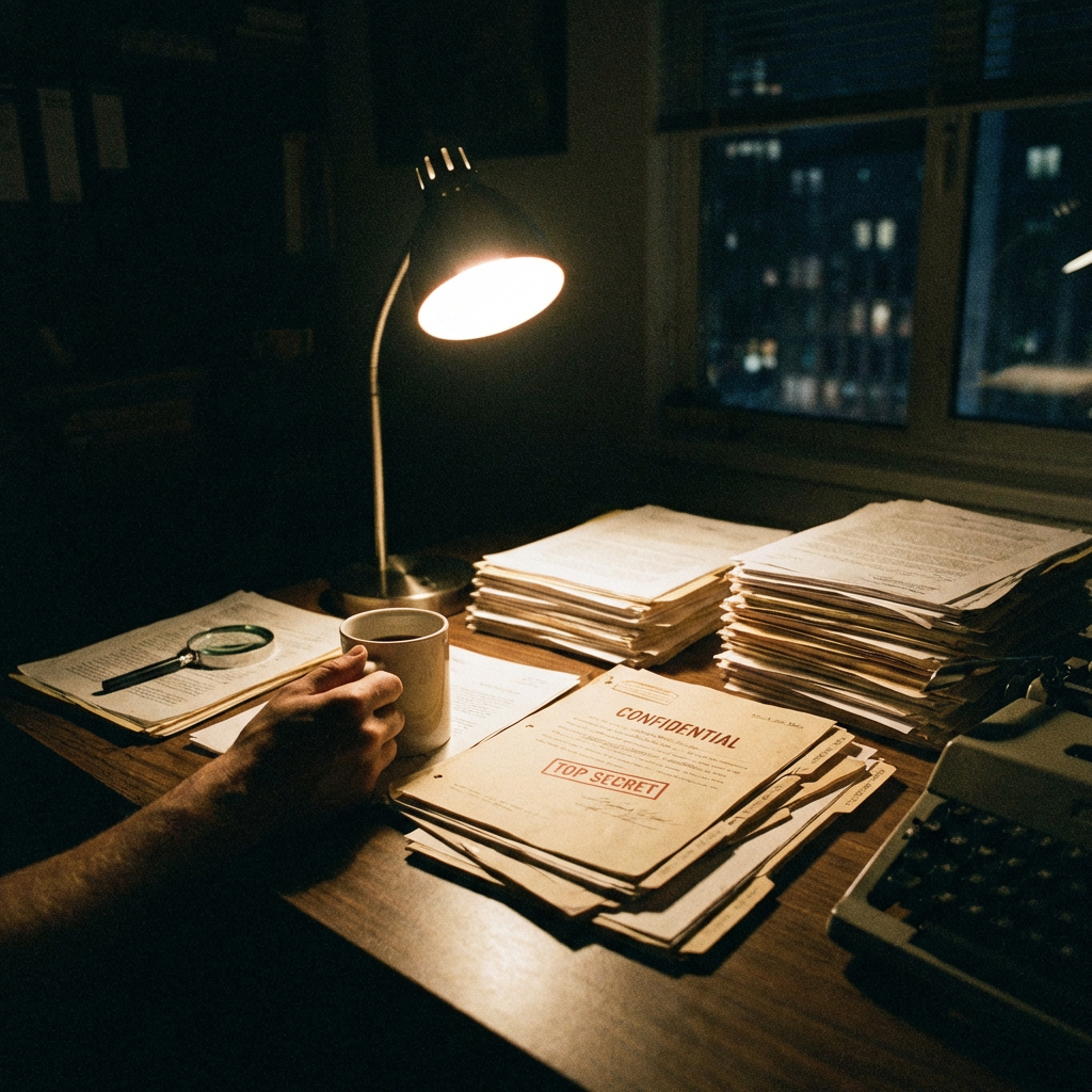 Hand holding coffee next to folders labeled CONFIDENTIAL and TOP SECRET on a cluttered desk.