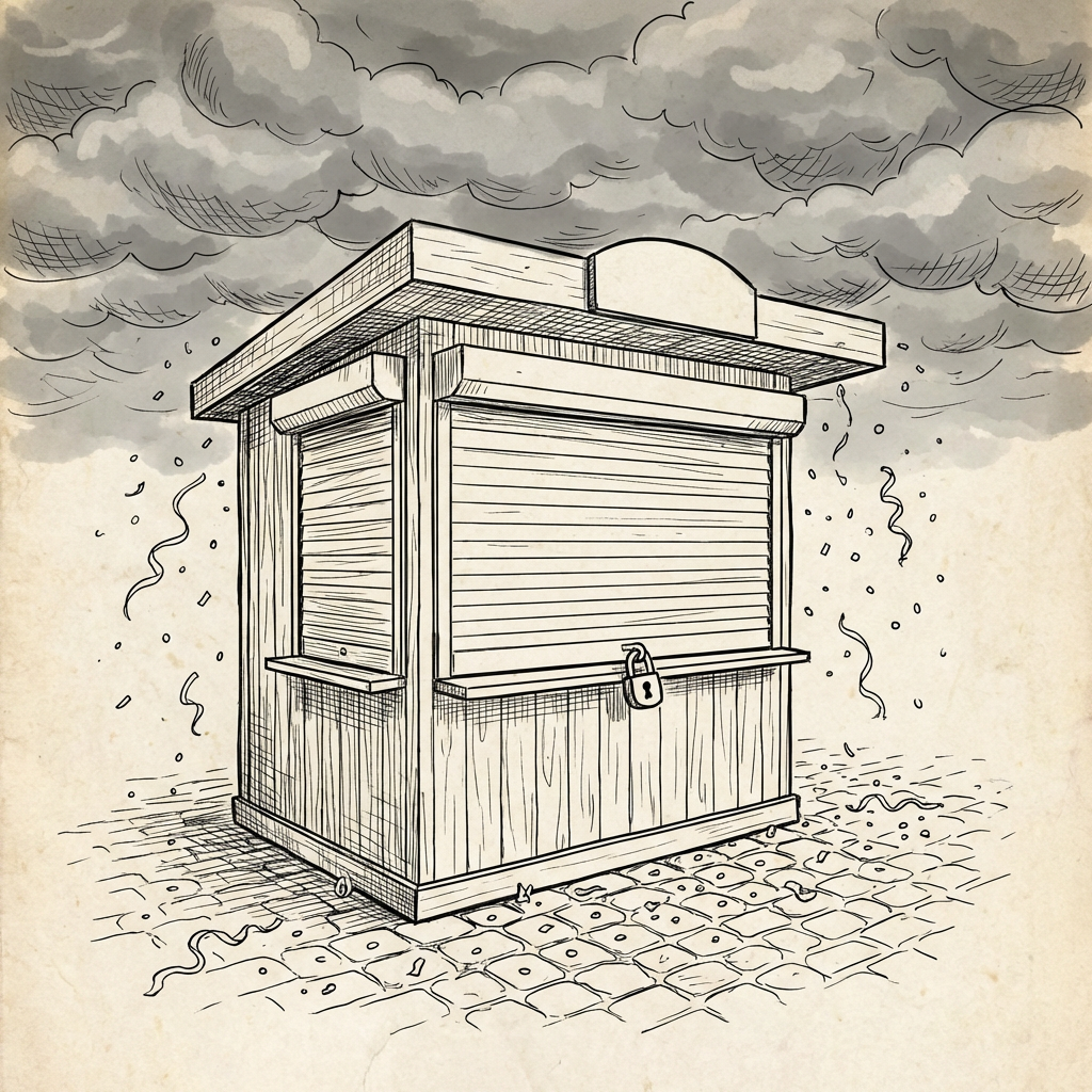 Pen and ink drawing of a closed, padlocked kiosk under dark, stormy clouds.