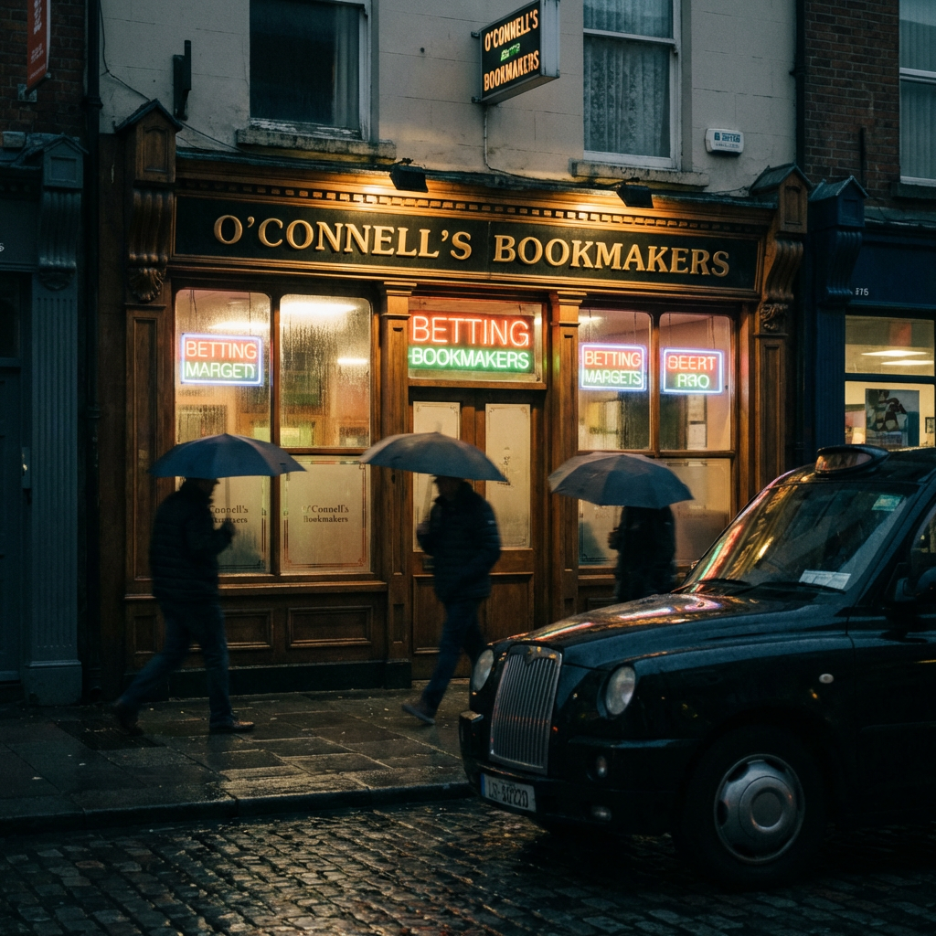 Pedestrians with umbrellas pass O'Connell's Bookmakers on a rainy night with neon betting signs.
