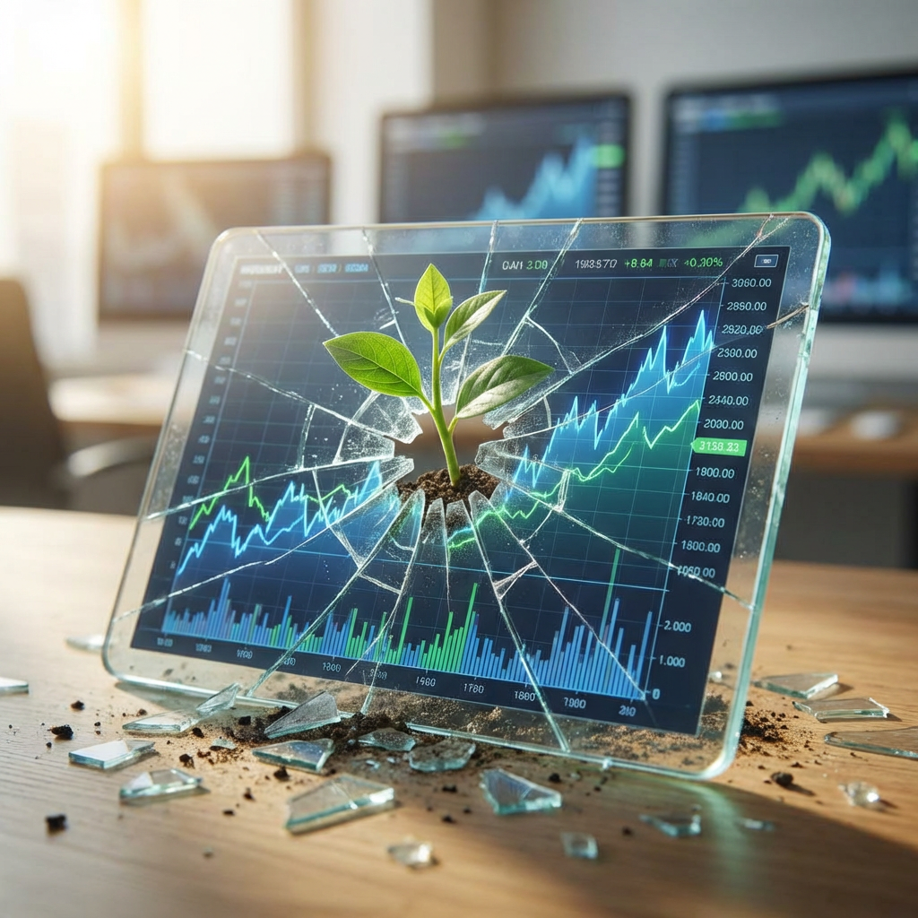 A small green plant growing through a cracked glass tablet displaying upward-trending financial graphs.