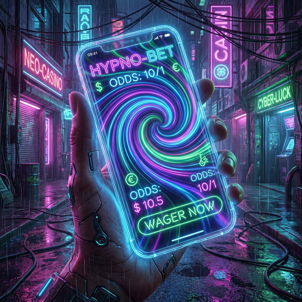 HYPNO-BET ODDS 10/1 $ 10.5 WAGER NOW displayed on a phone in a cyberpunk alley.