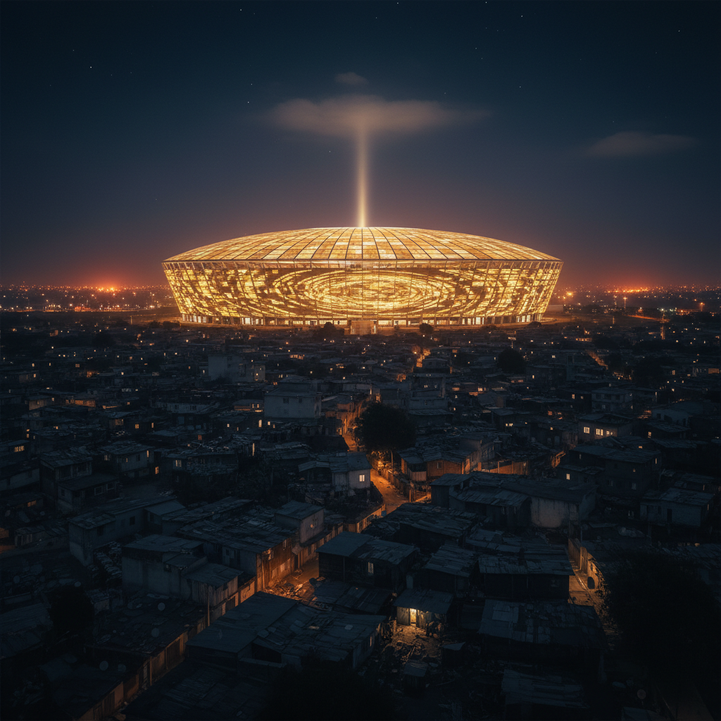 A brightly lit golden stadium glows at night above a dark, densely packed shantytown.