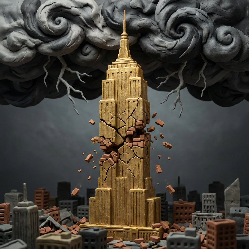 A golden clay skyscraper cracking and losing bricks under a dark, swirling storm cloud.