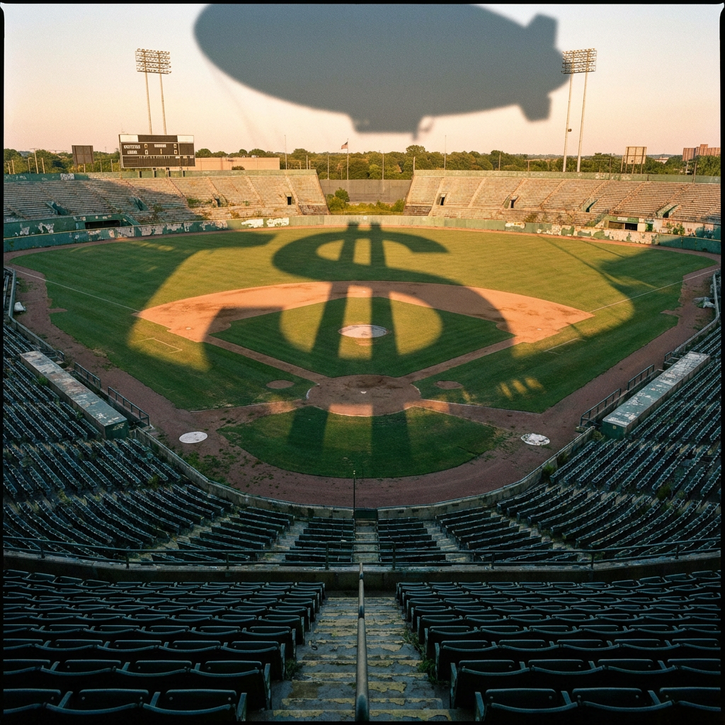 Empty baseball stadium with a blimp casting a large dollar sign shadow on the field.