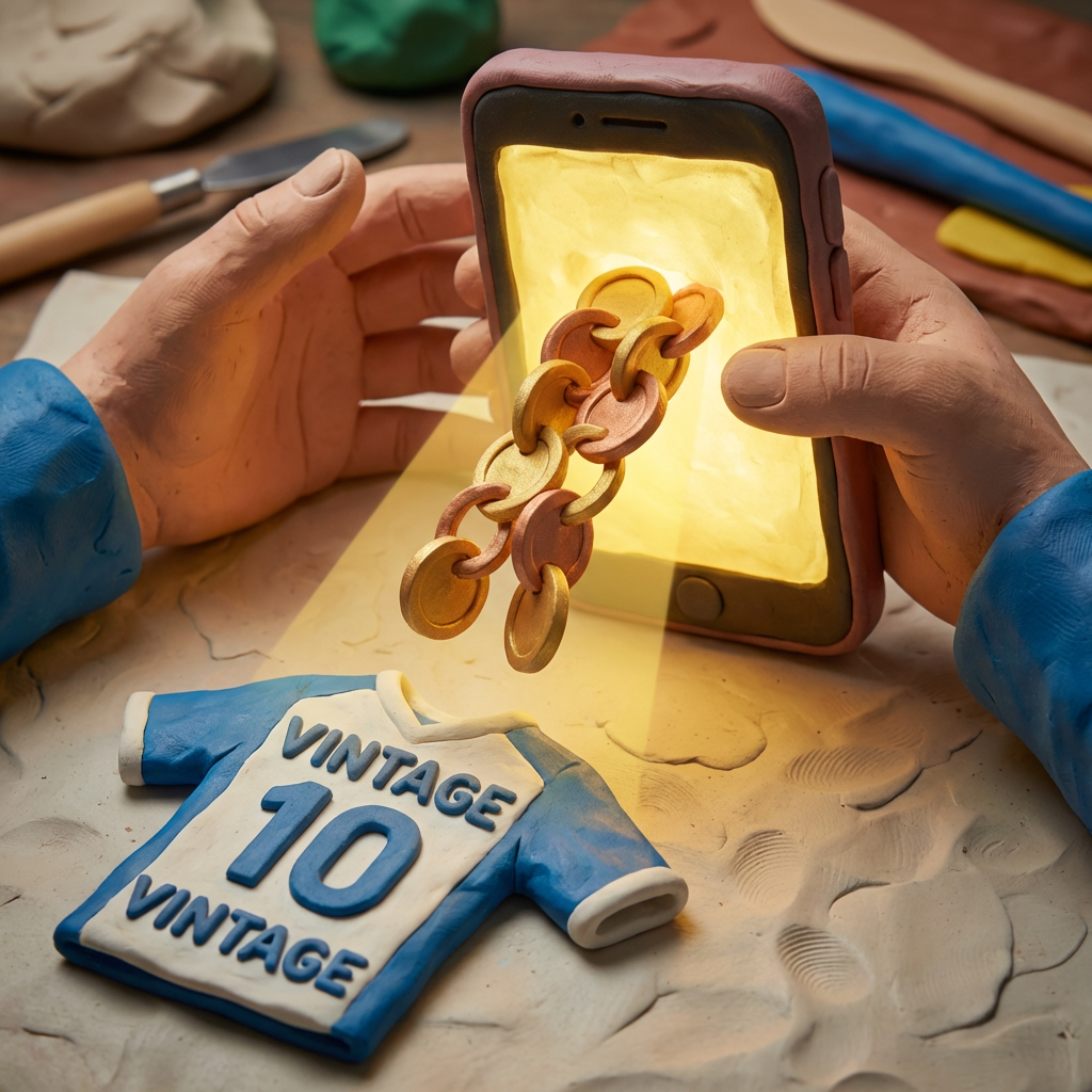 Claymation hands hold a glowing phone with coins flowing onto a VINTAGE 10 VINTAGE shirt.