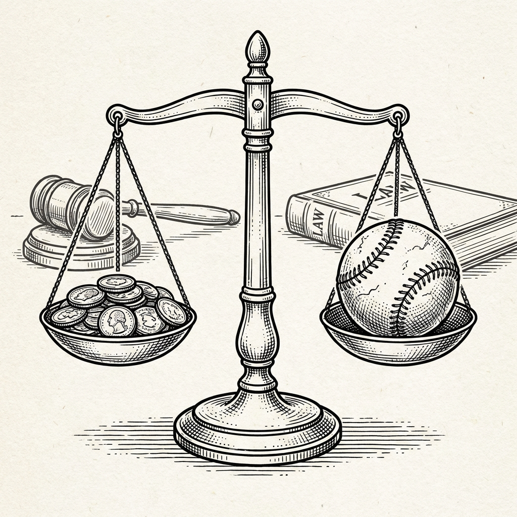 Scales of justice balancing coins against a baseball with a gavel and law book nearby.