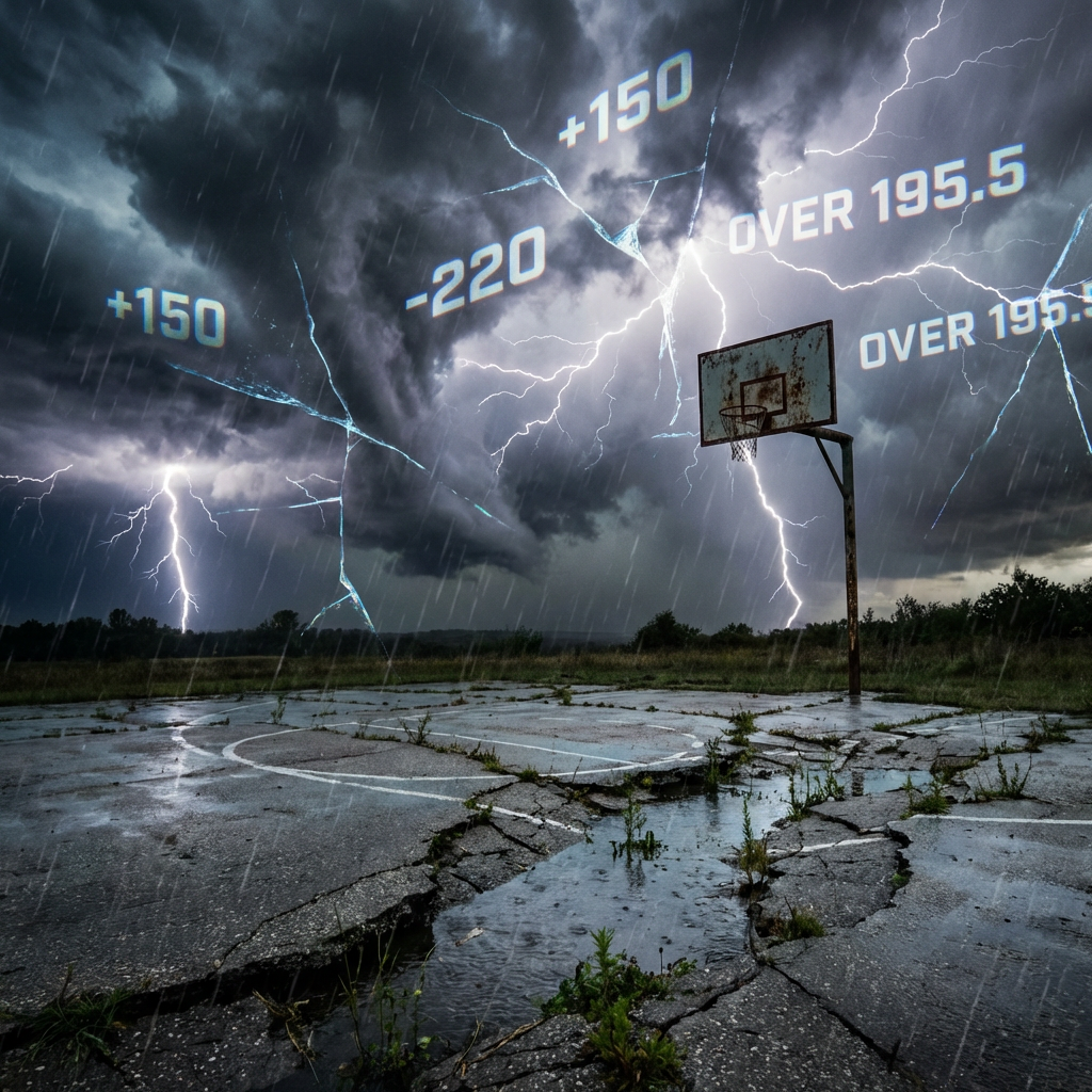 Basketball court in a storm with betting odds text +150, -220, and OVER 195.5.