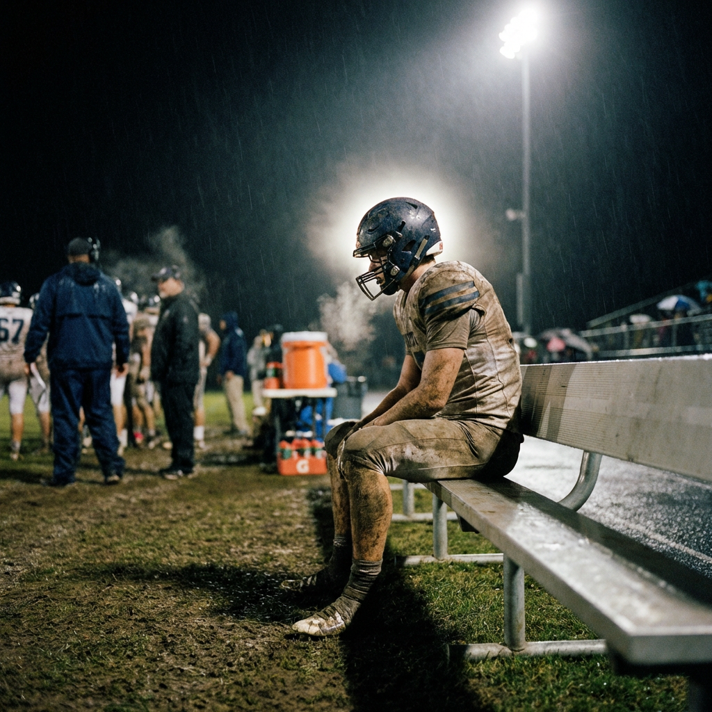 Mud-covered football player sitting alone on a bench in the rain at night.