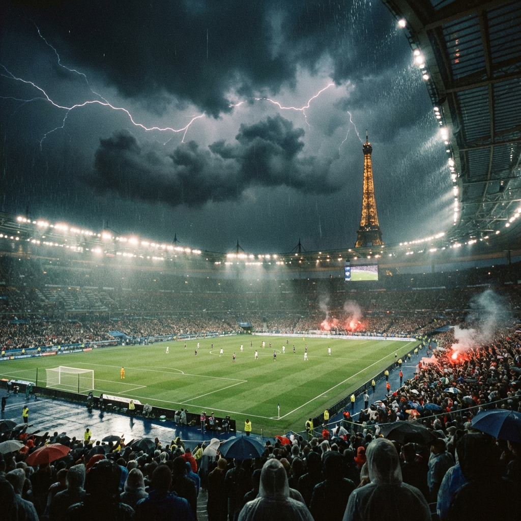 A soccer match in a rainy Paris stadium with the Eiffel Tower and lightning background.